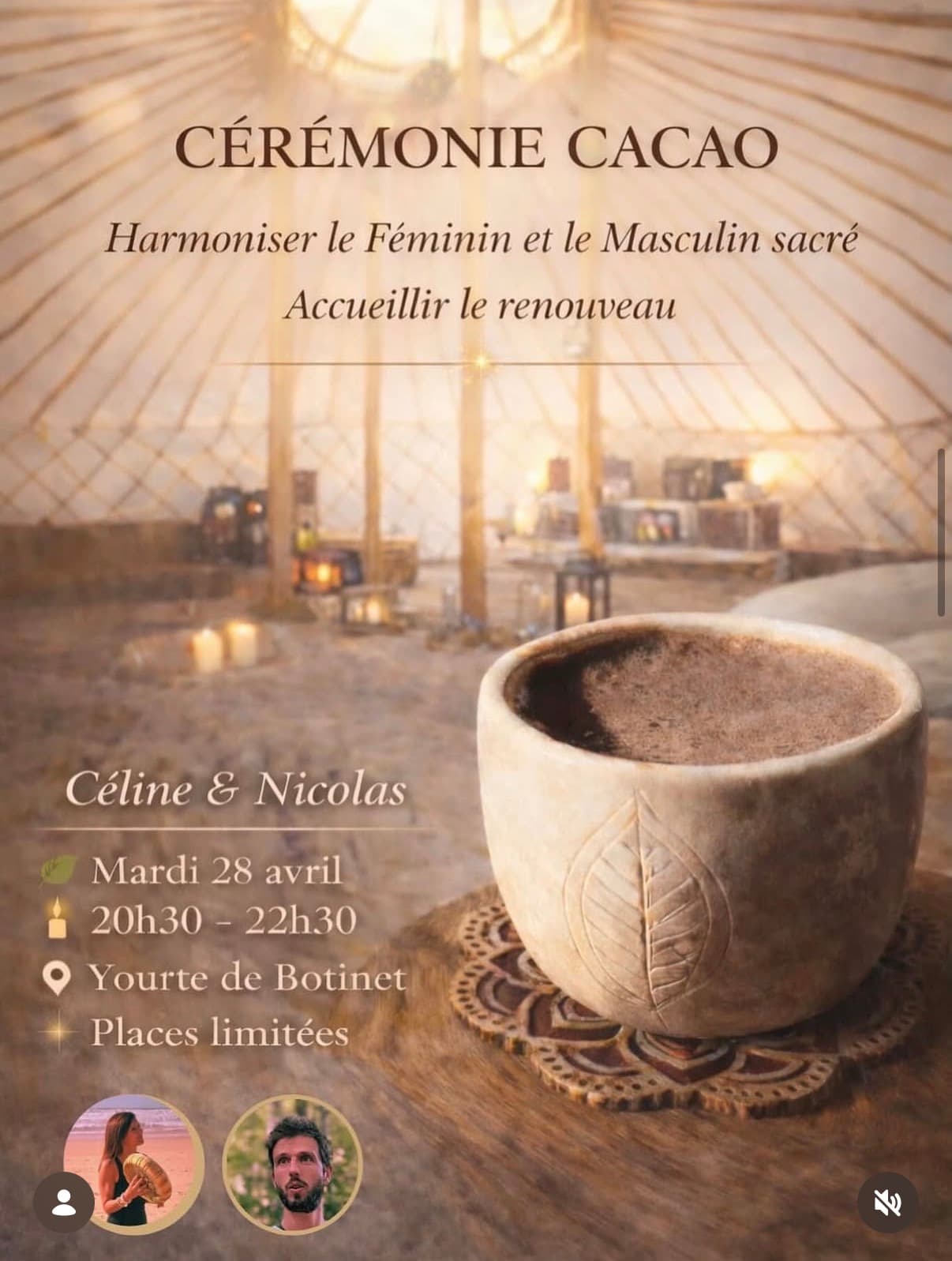 Cérémonie Cacao, Harmoniser le Féminin et le Masculin sacré, yourte de Botinet